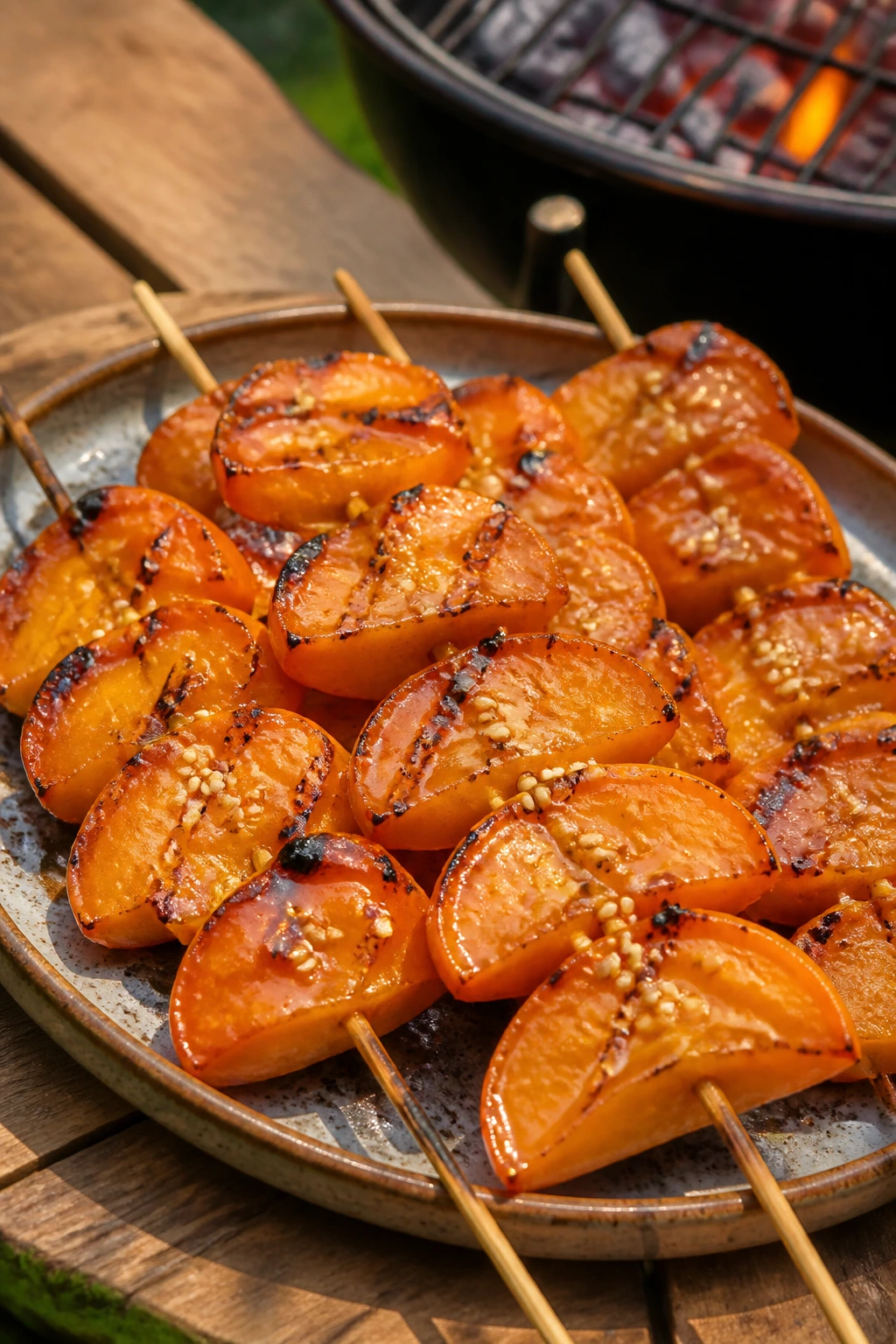 Persimmon skewers with maple glaze and sesame seeds grilled outdoors