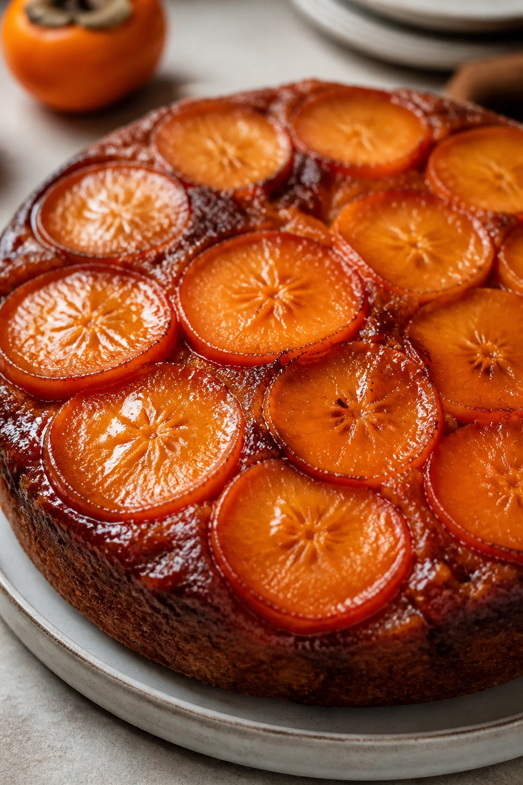 Close-up of persimmon upside-down cake with caramel and persimmon slices