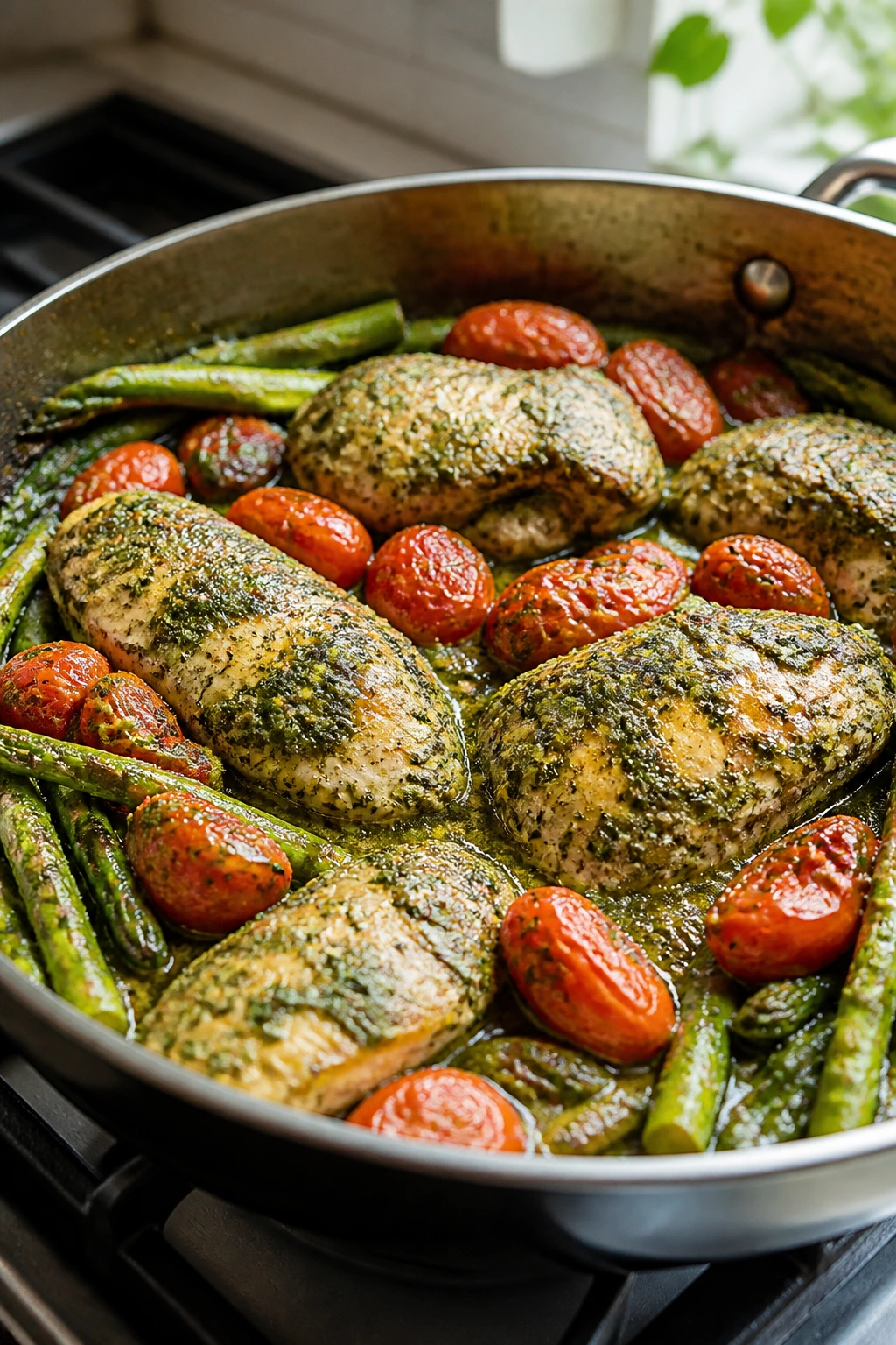 Close-up of pesto-coated chicken with tomatoes and asparagus on a pan