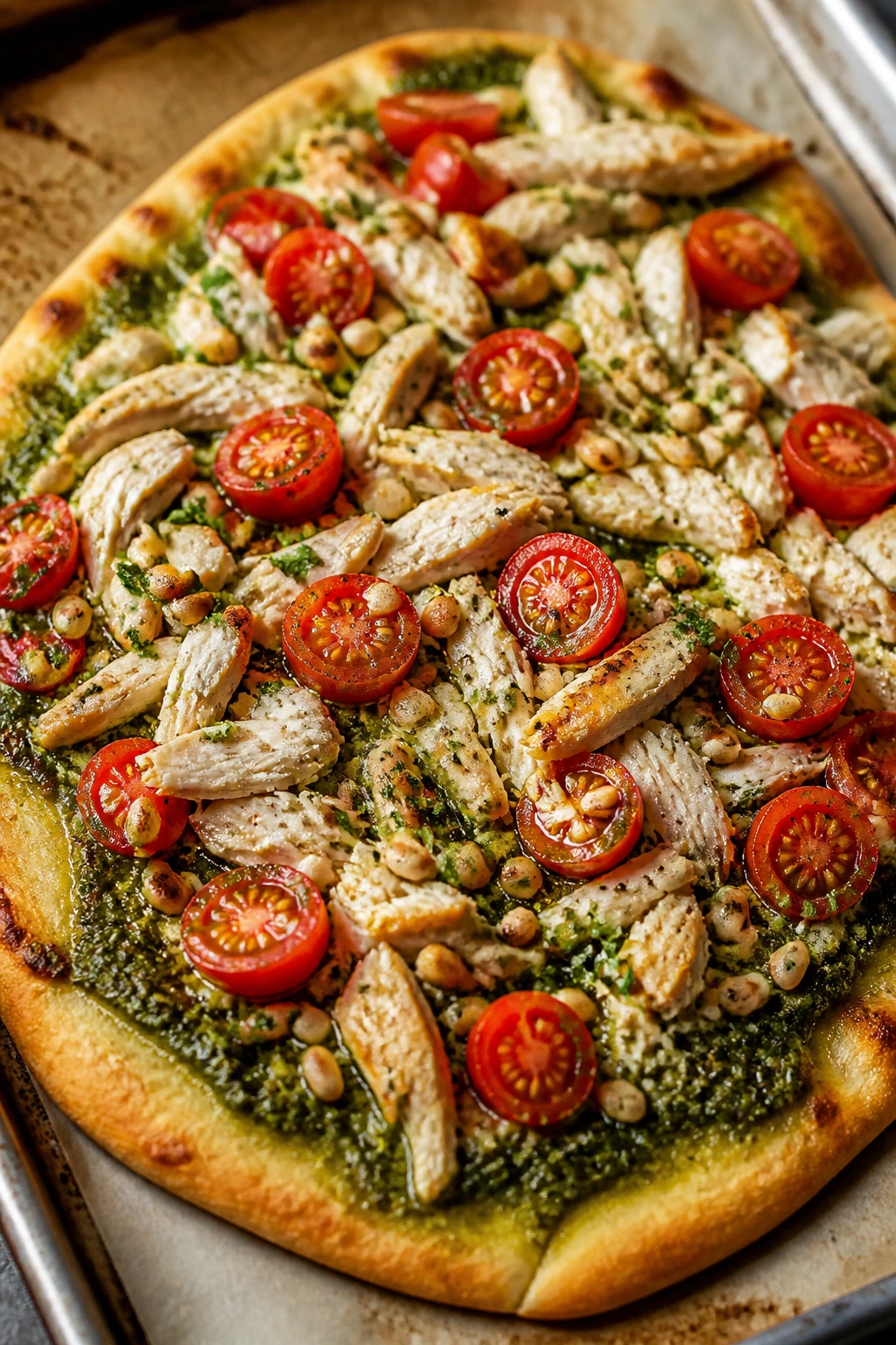Pesto chicken flatbread with tomatoes and pine nuts