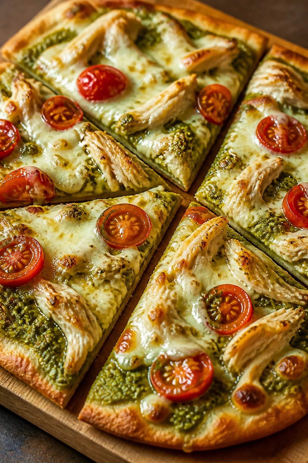 Close-up of pesto chicken flatbread with cheese and tomatoes on a wooden board