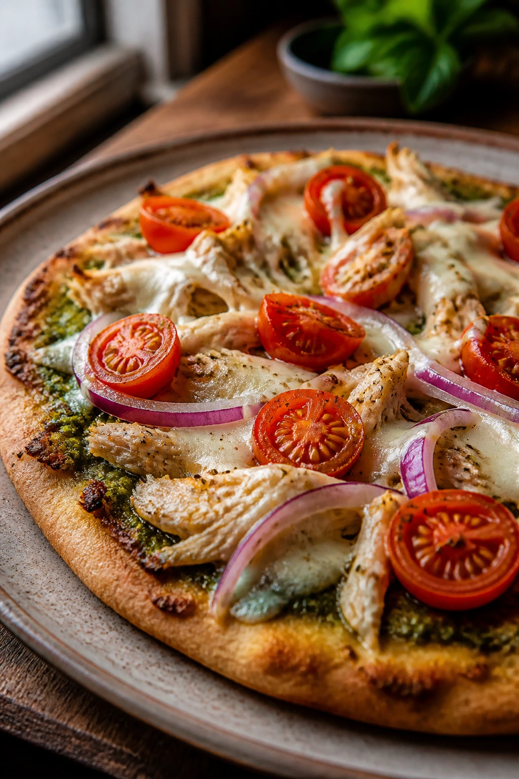 Close-up of pesto chicken flatbread on a plate