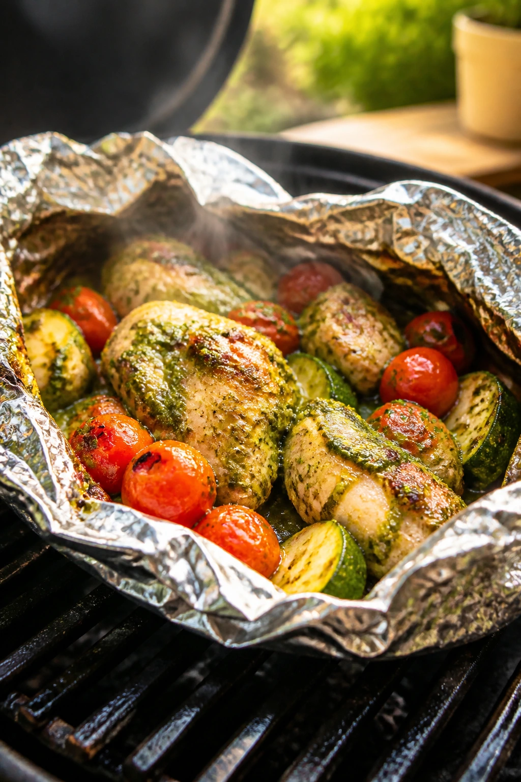 Close-up of pesto chicken and tomato foil packet opened on grill