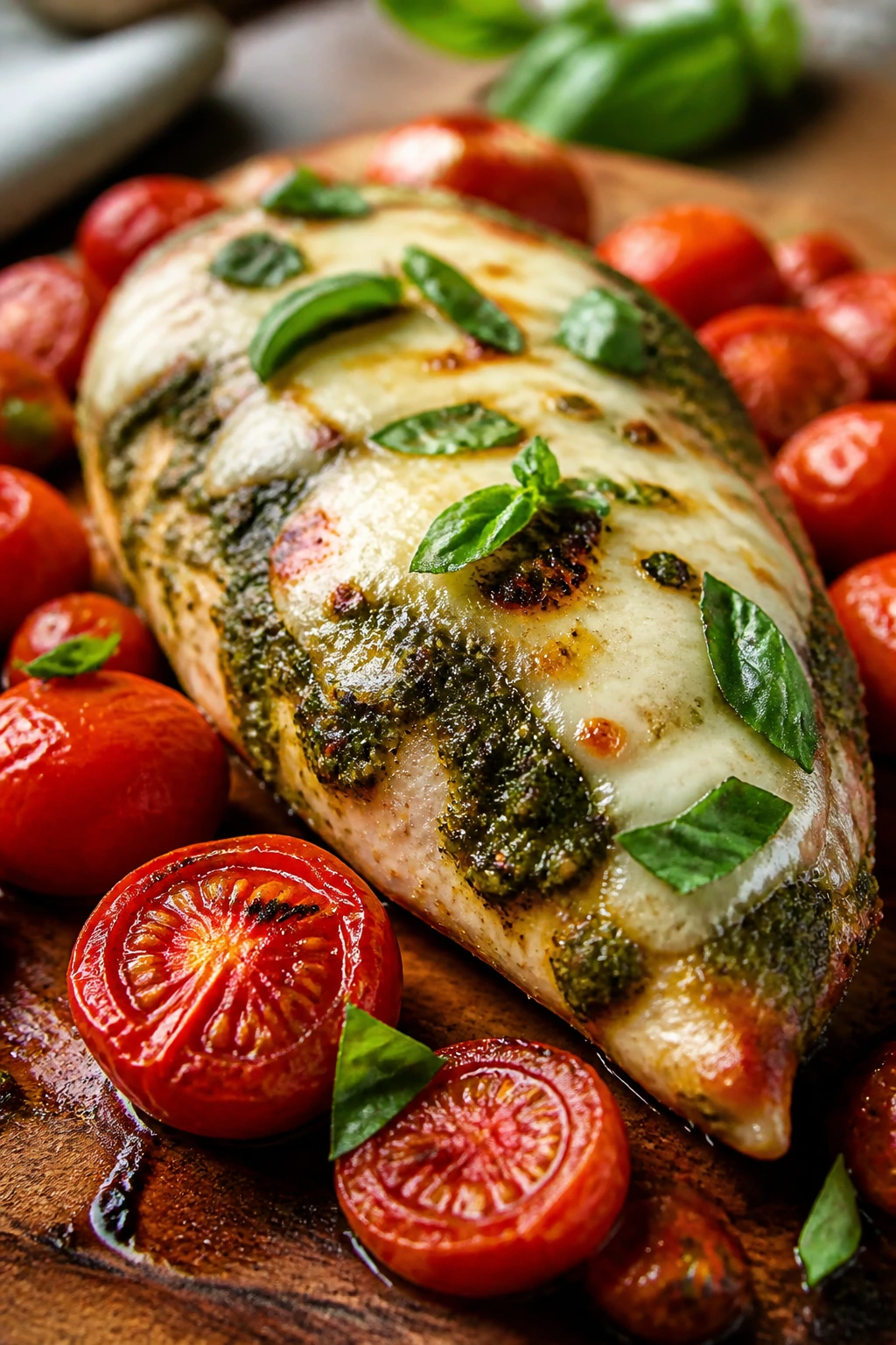 Close-up of pesto-coated chicken with melted mozzarella and roasted tomatoes on a rustic plate