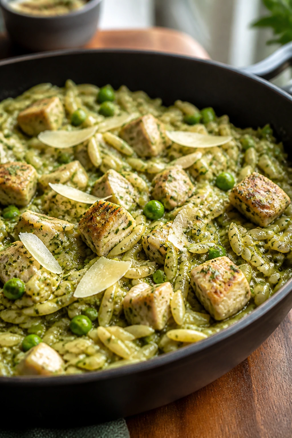 Pesto chicken orzo in a skillet with peas and parmesan