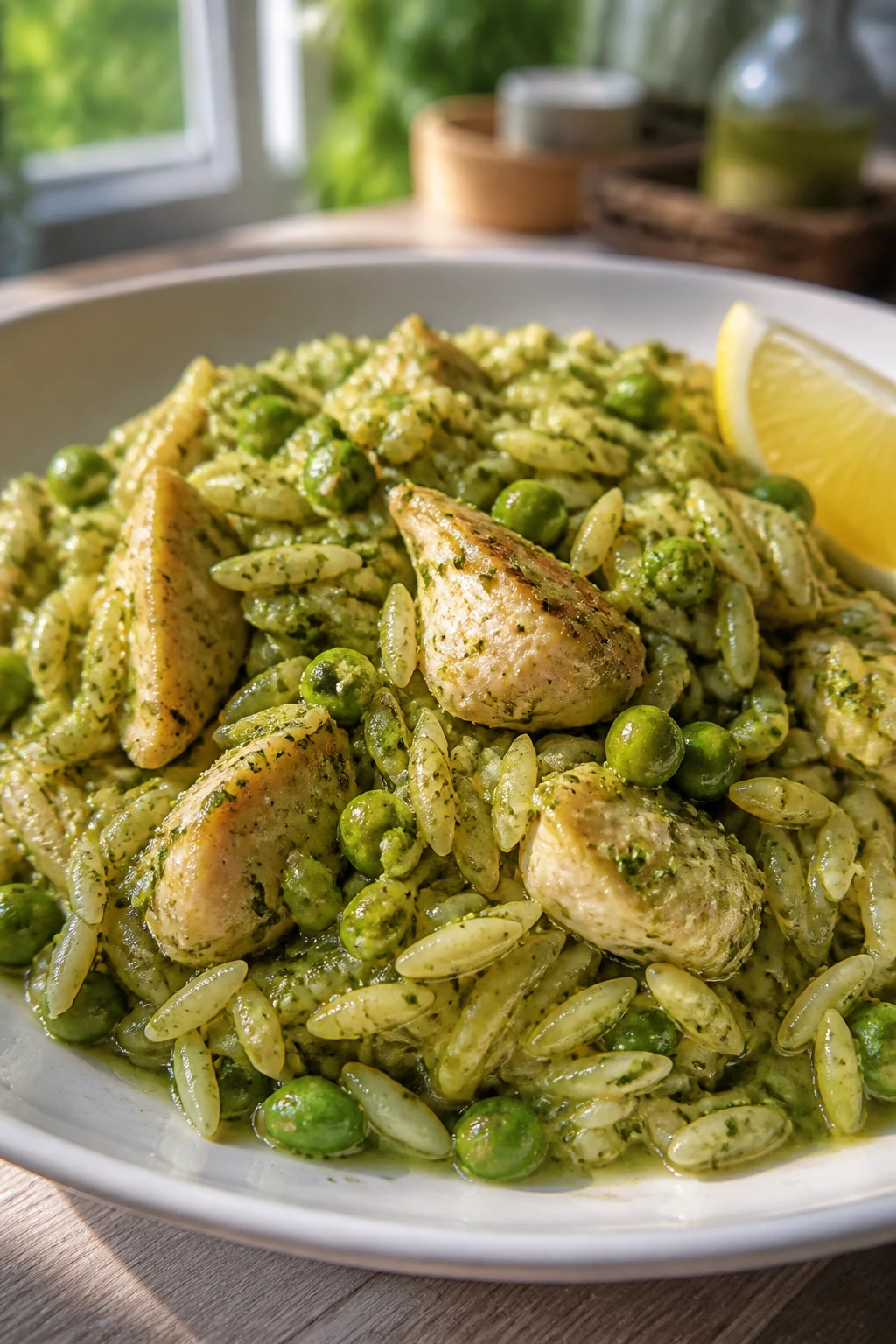 Bright pesto chicken orzo with peas on a plate