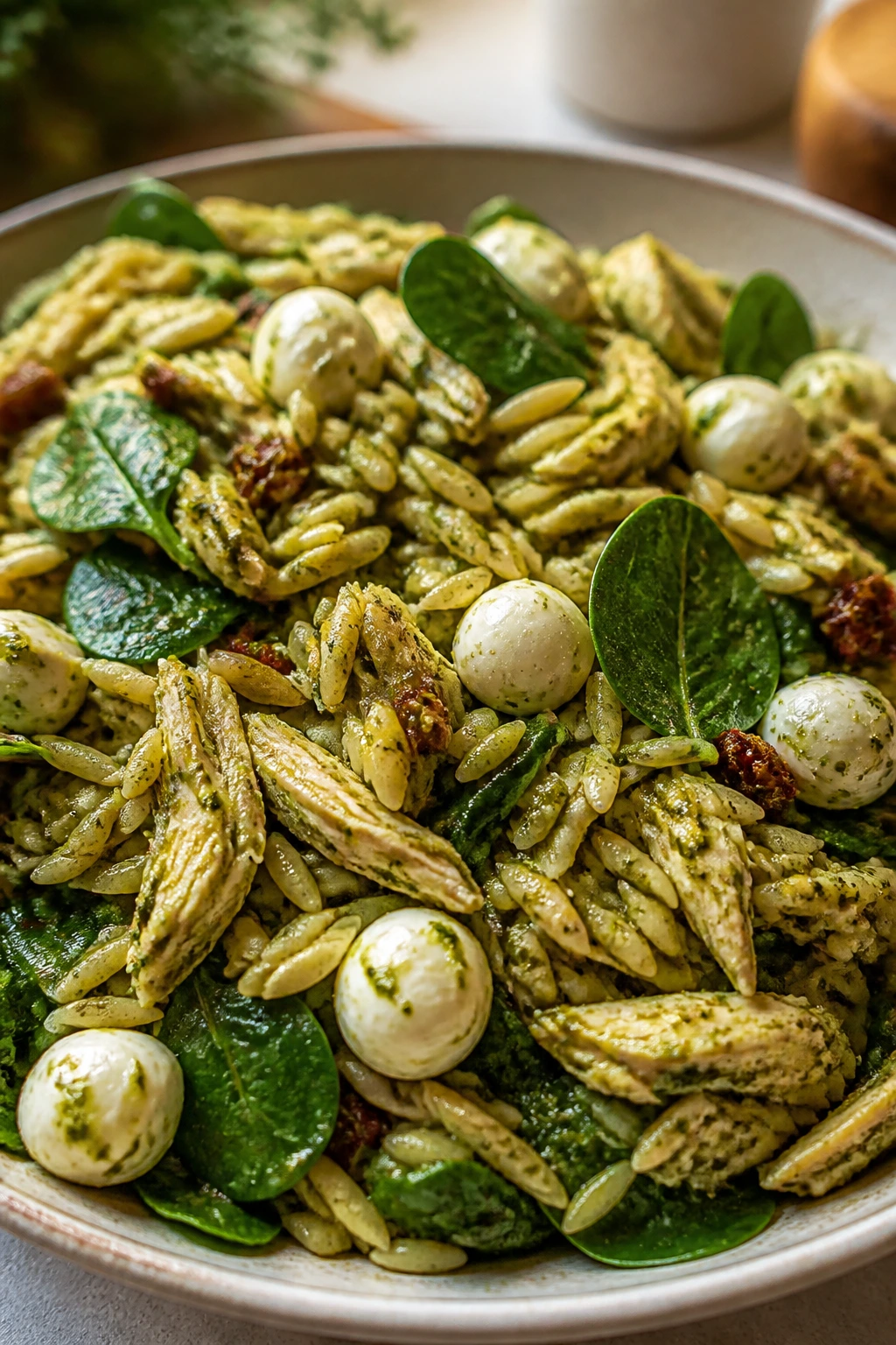 Pesto chicken orzo salad with mozzarella and spinach in a kitchen
