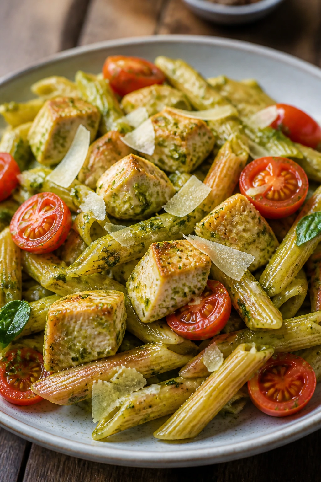 Pesto chicken pasta with cherry tomatoes and parmesan