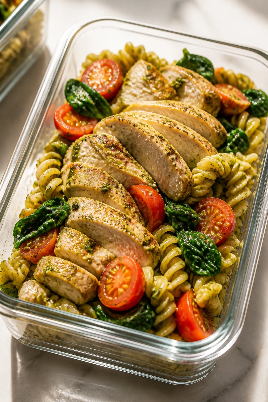 Close-up of Pesto Chicken Pasta Boxes with pasta, chicken, spinach and tomatoes