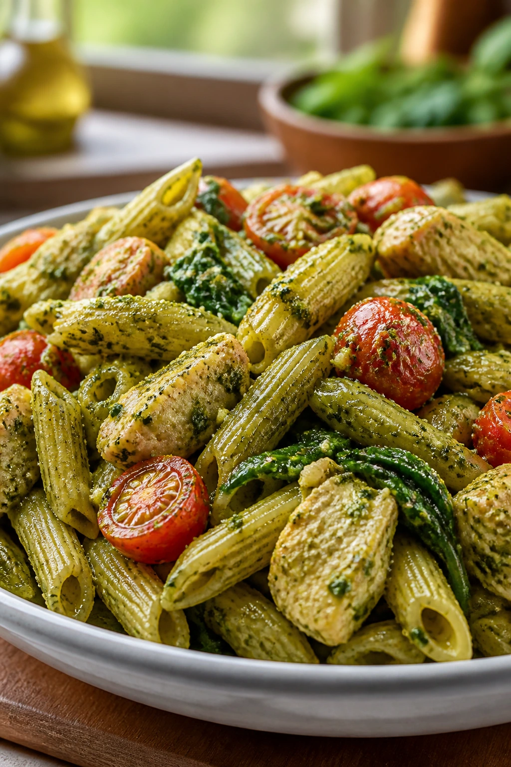 Pesto chicken pasta on plate with tomatoes and spinach