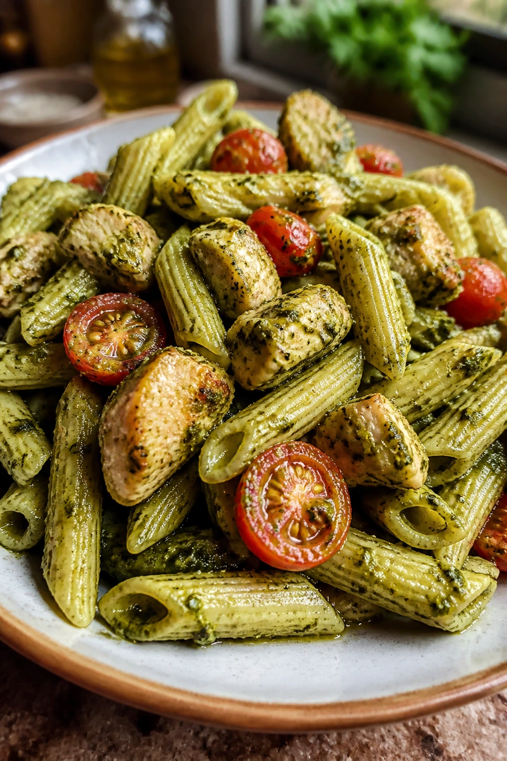 Pesto chicken pasta on a plate with cherry tomatoes