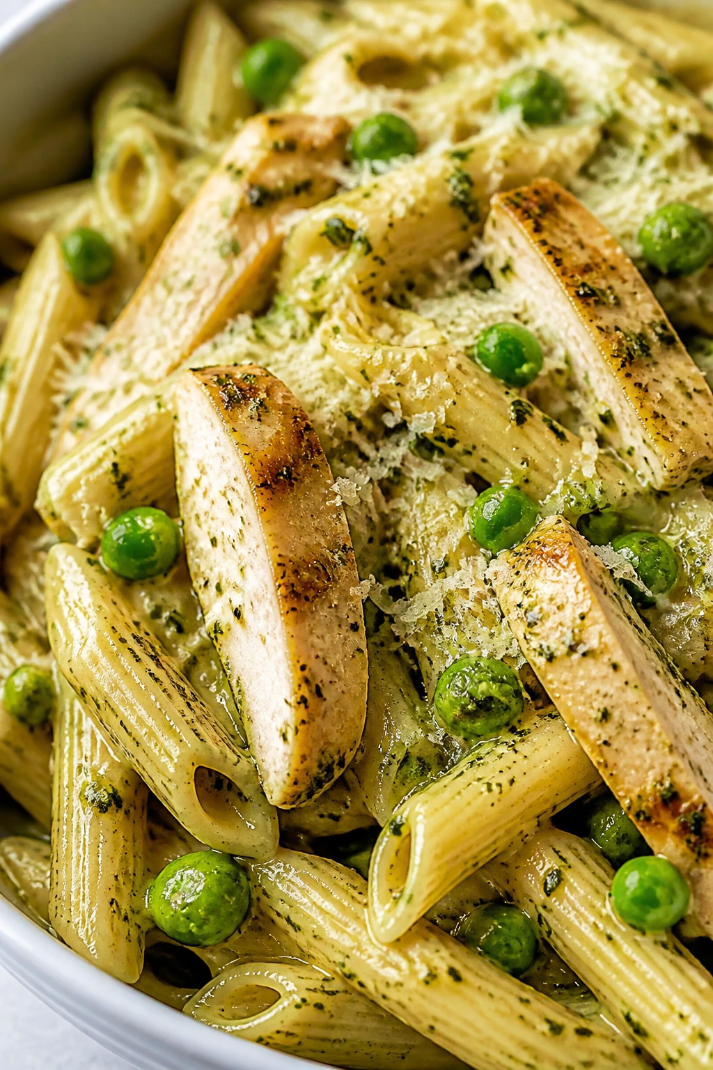 Creamy pesto chicken pasta with peas on a rustic table