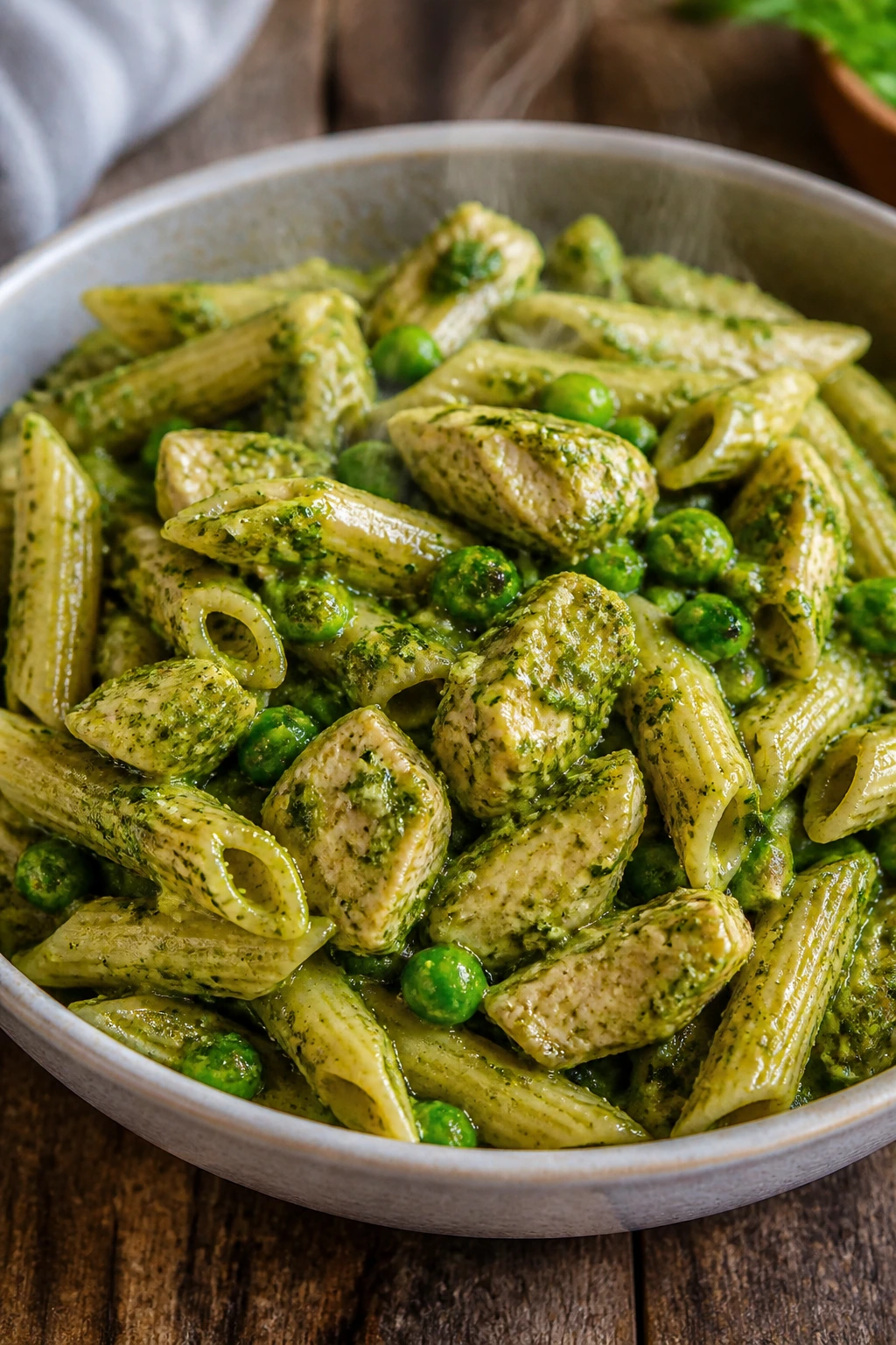 Pesto chicken pasta with peas in a bowl
