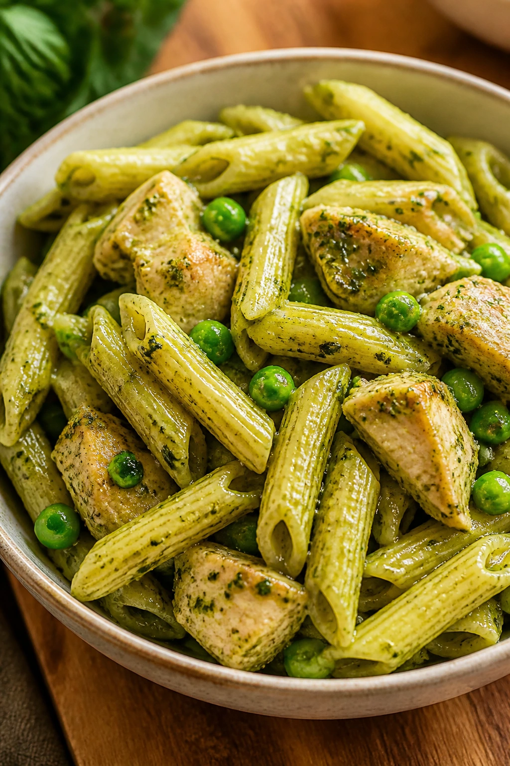 Bowl of pesto chicken pasta with peas in a bright kitchen setting.