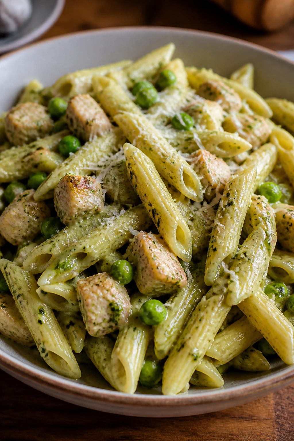 Pesto chicken pasta with peas in a creamy sauce on a plate