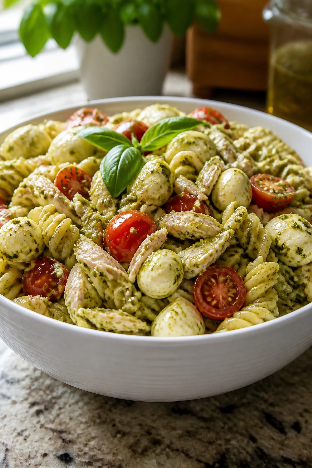 Bowl of pesto chicken pasta salad with tomatoes and mozzarella