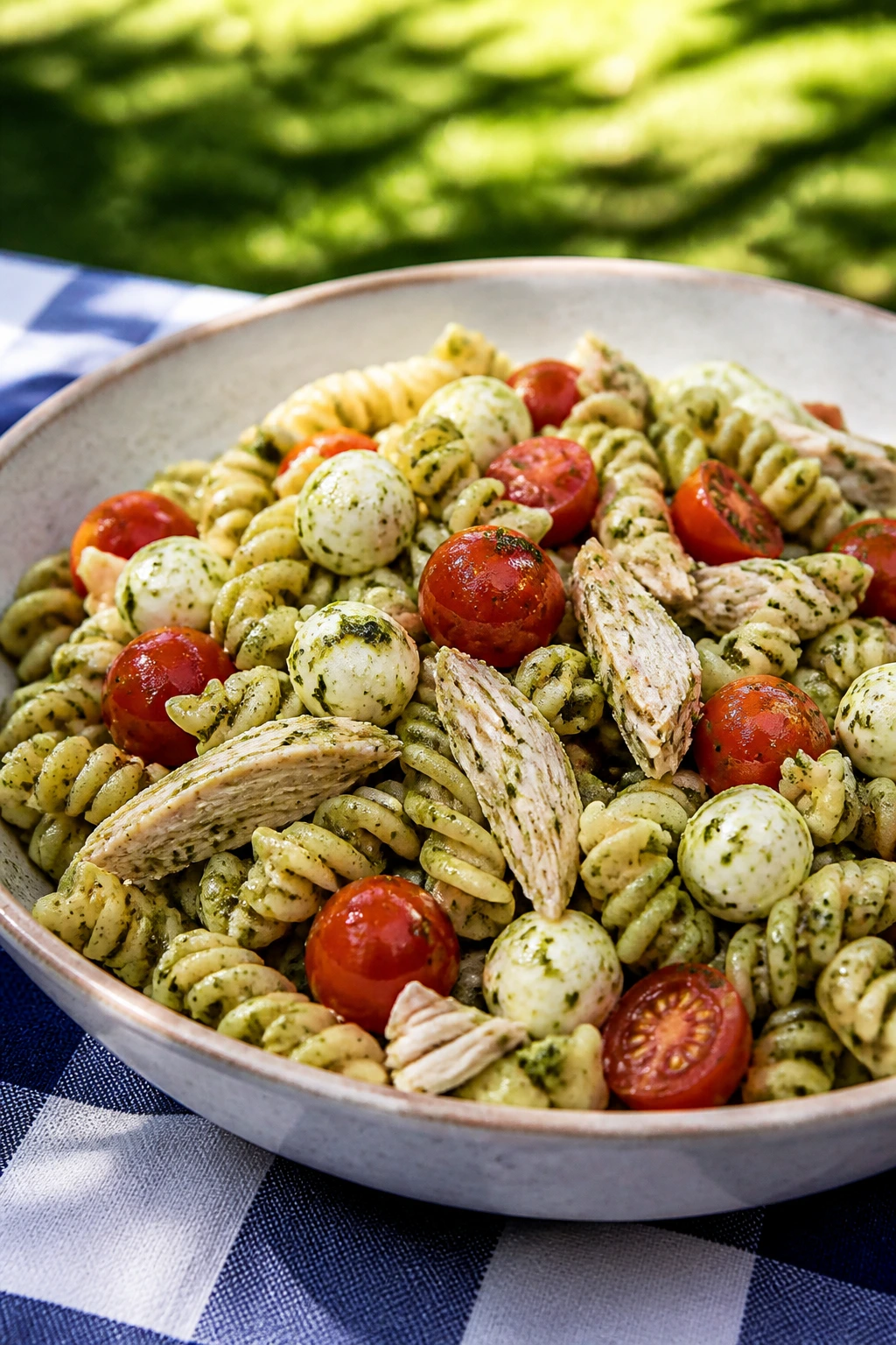 Close-up of pesto chicken pasta salad in a bowl on a sunny outdoor picnic table.