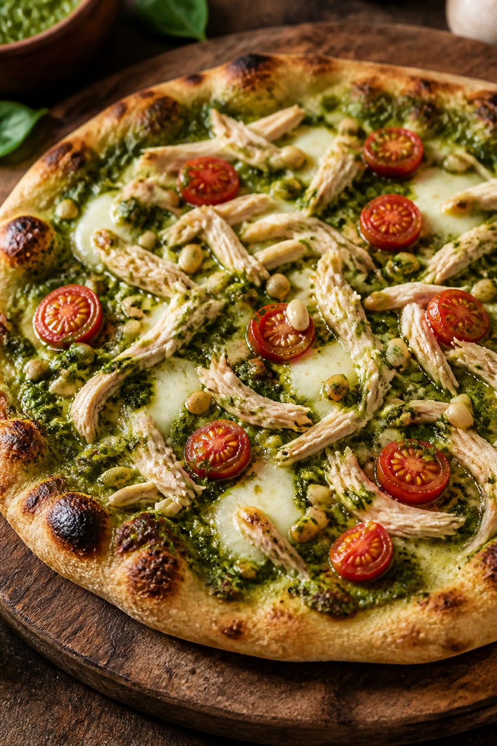 Close-up of Pesto Chicken Pizza with green pesto and chicken topping