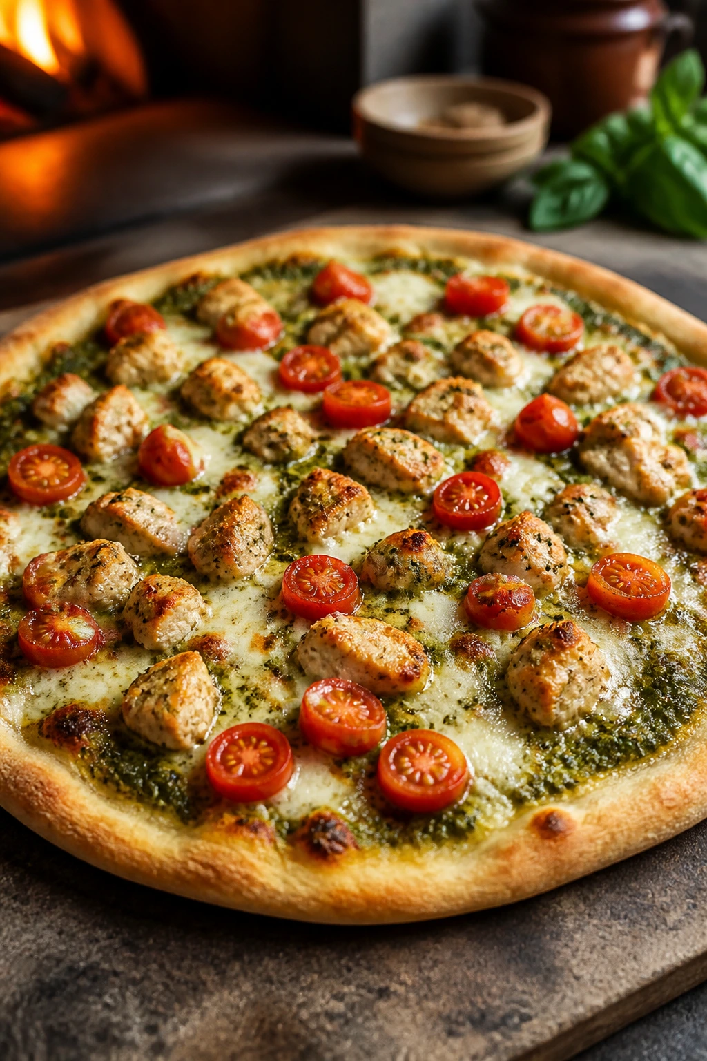 Close-up of pesto chicken and tomato pizza with mozzarella