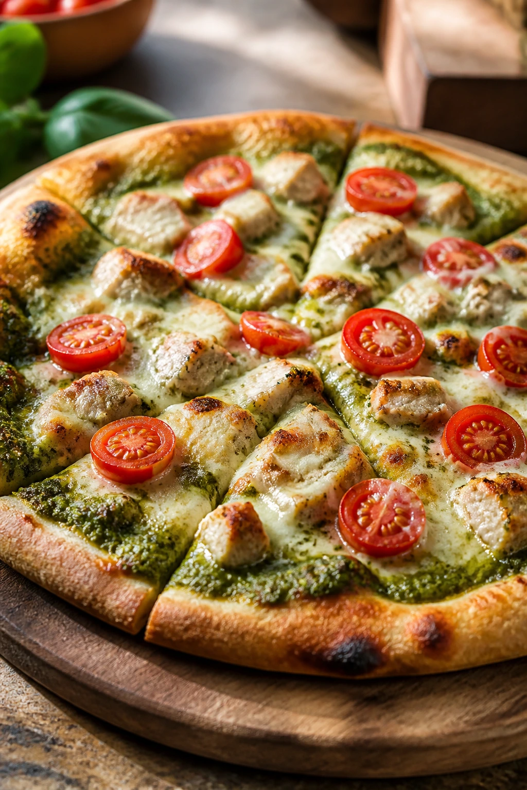 Close-up of pesto chicken pizza with cherry tomatoes and melted mozzarella
