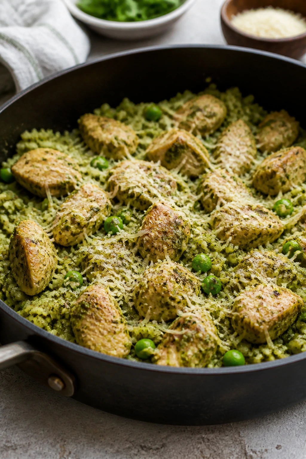Skillet with pesto chicken, cauliflower rice, and peas