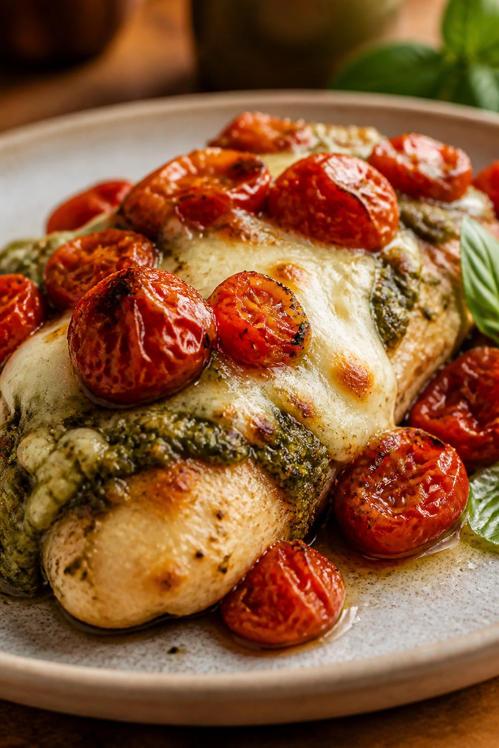 Pesto chicken with roasted tomatoes and mozzarella