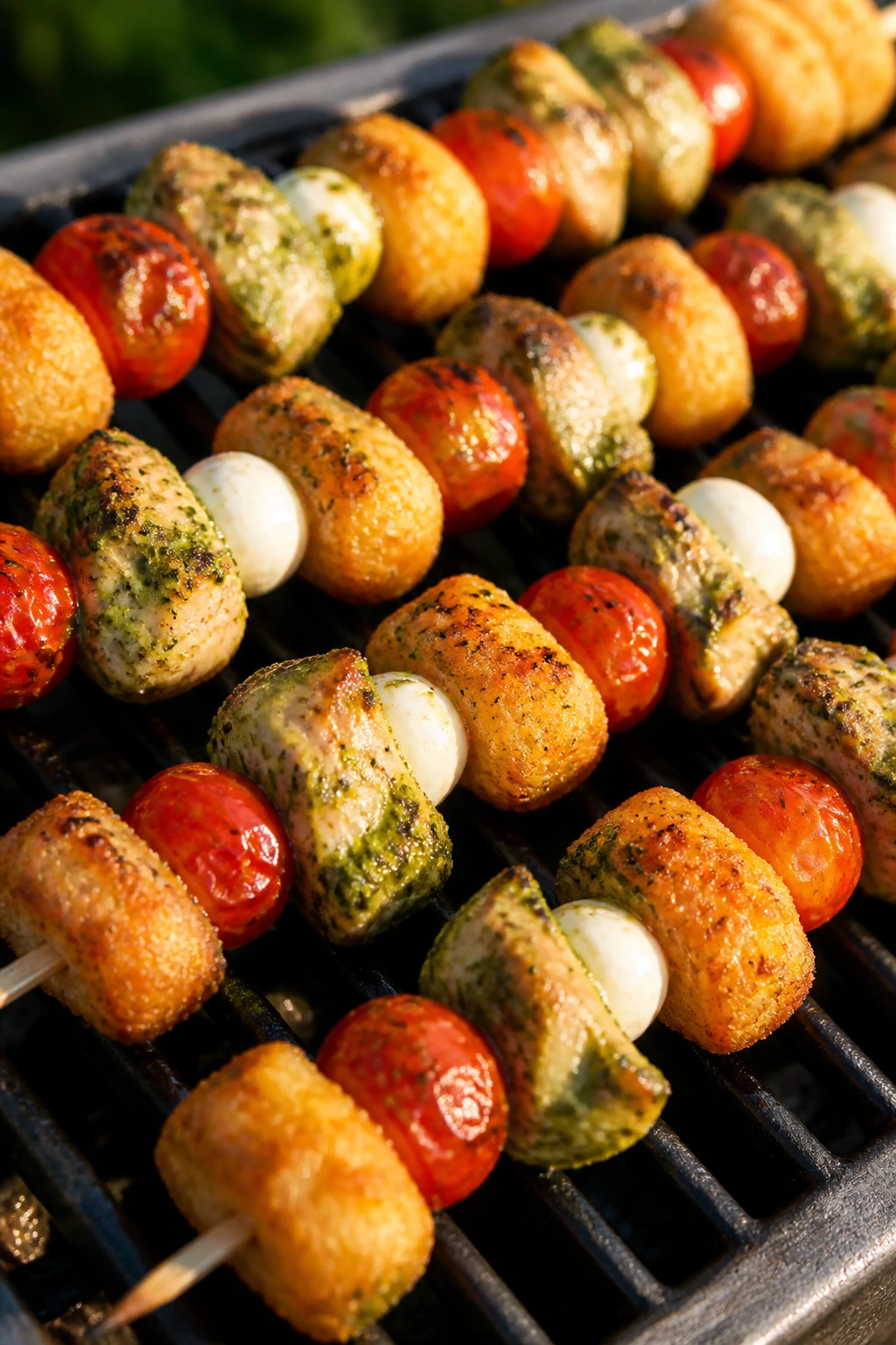 Close-up of pesto-coated chicken and tomatoes on tater tot skewers