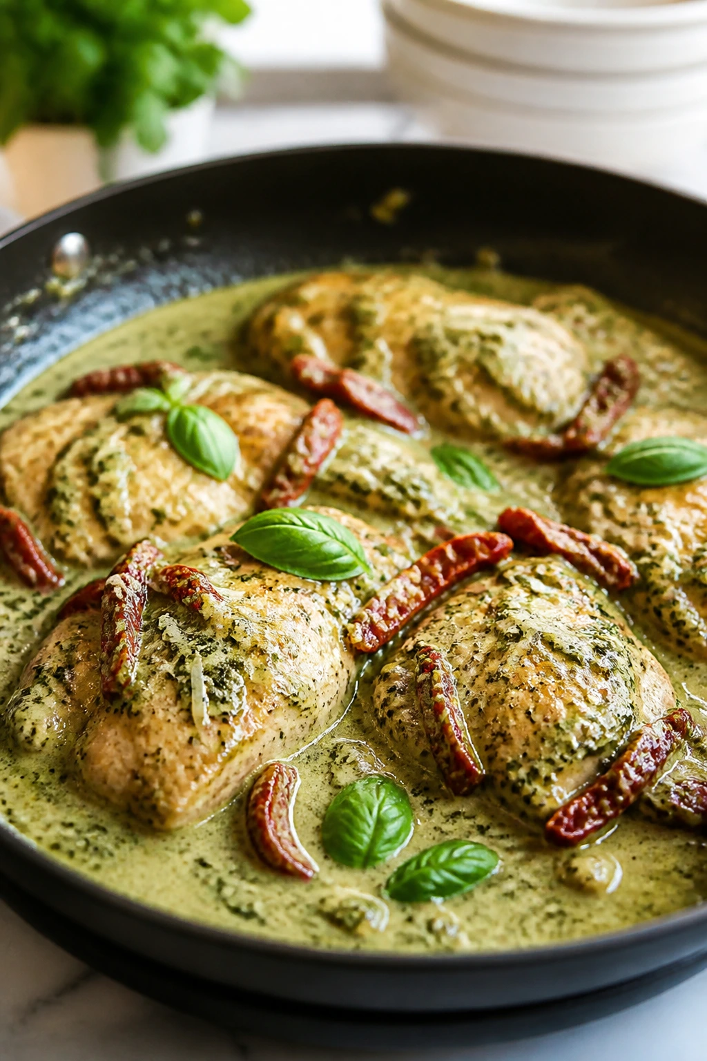 Skillet with creamy basil pesto chicken and sun-dried tomatoes variation.