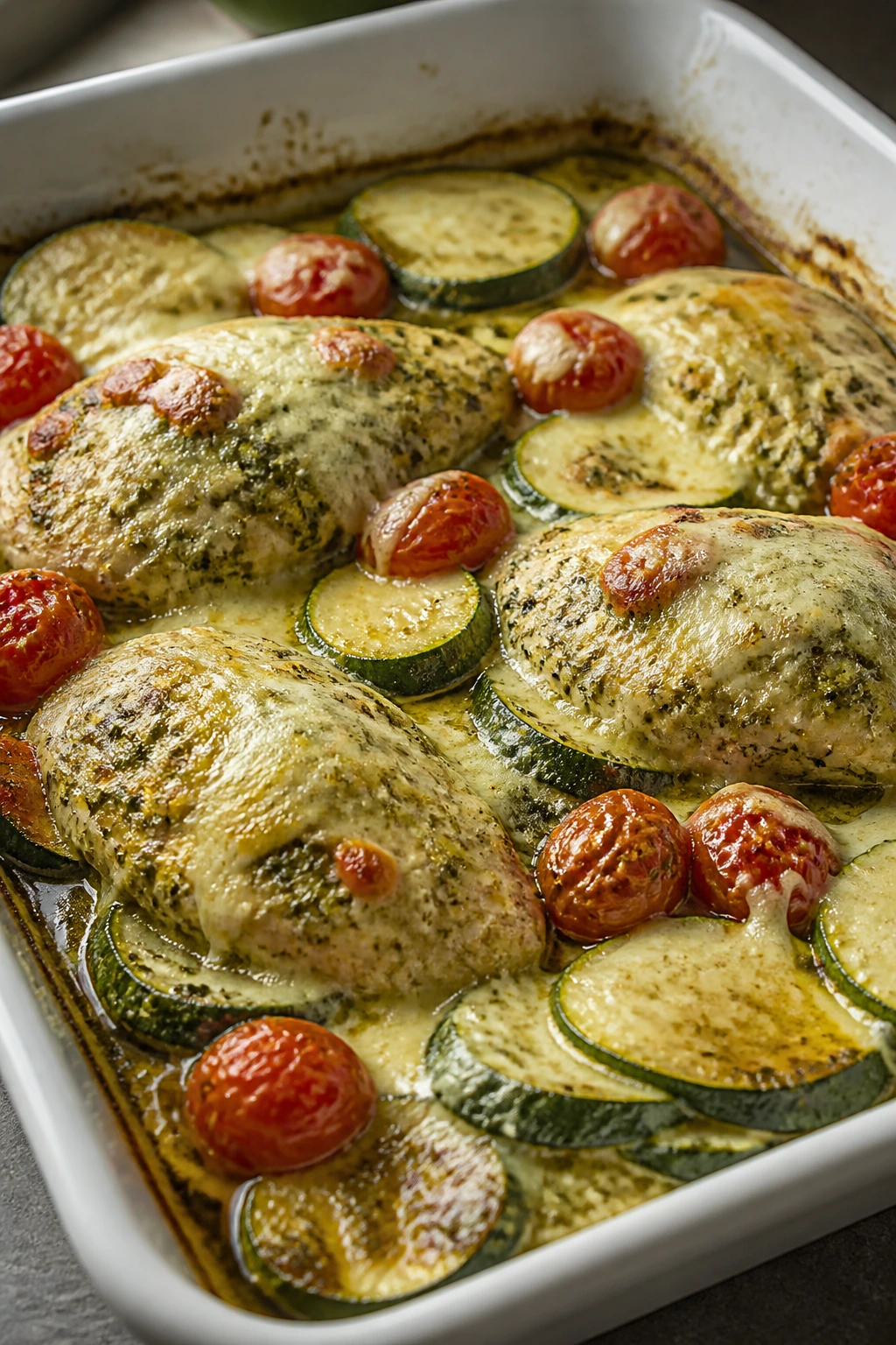 Close-up of baked pesto chicken zucchini bake with mozzarella and parmesan