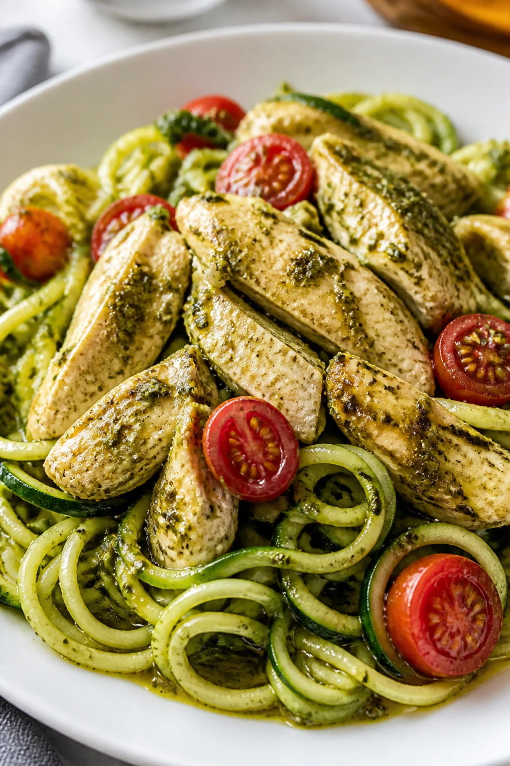 Close-up plate of pesto-coated zucchini noodles with chicken and cherry tomatoes in a bright kitchen