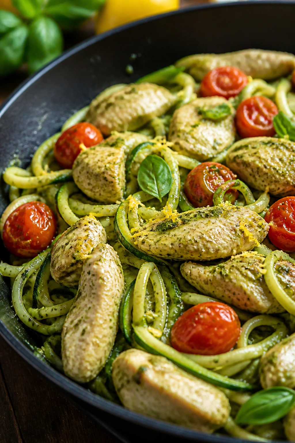 Close-up of pesto chicken with zucchini noodles in a skillet