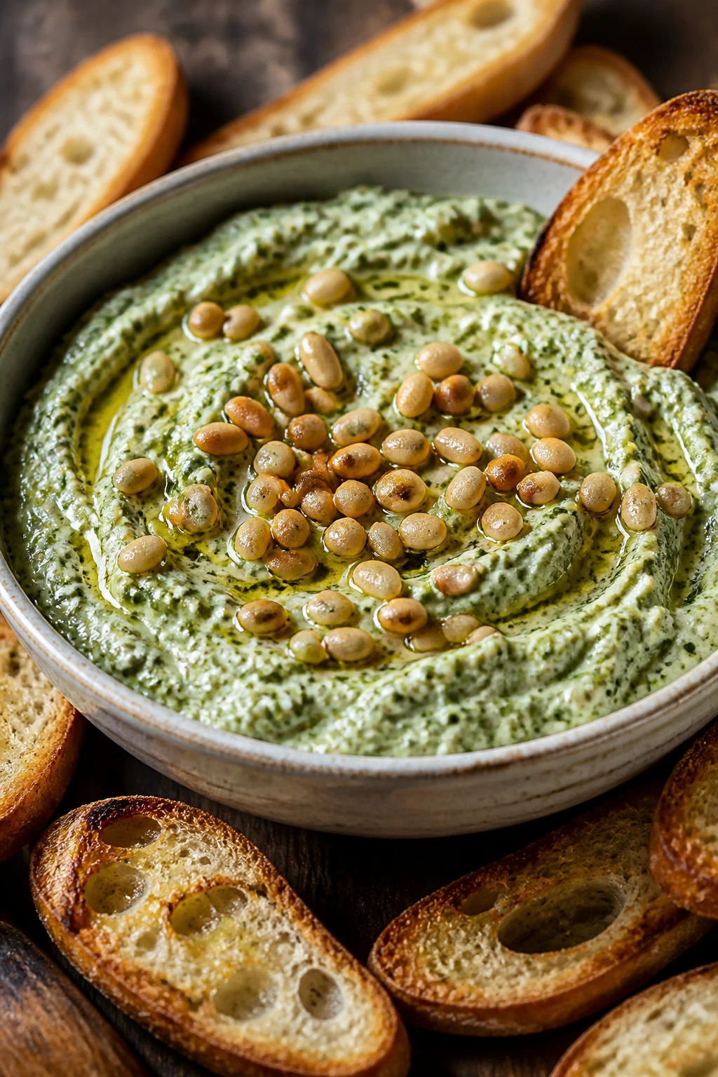Cream cheese pesto dip with pine nuts