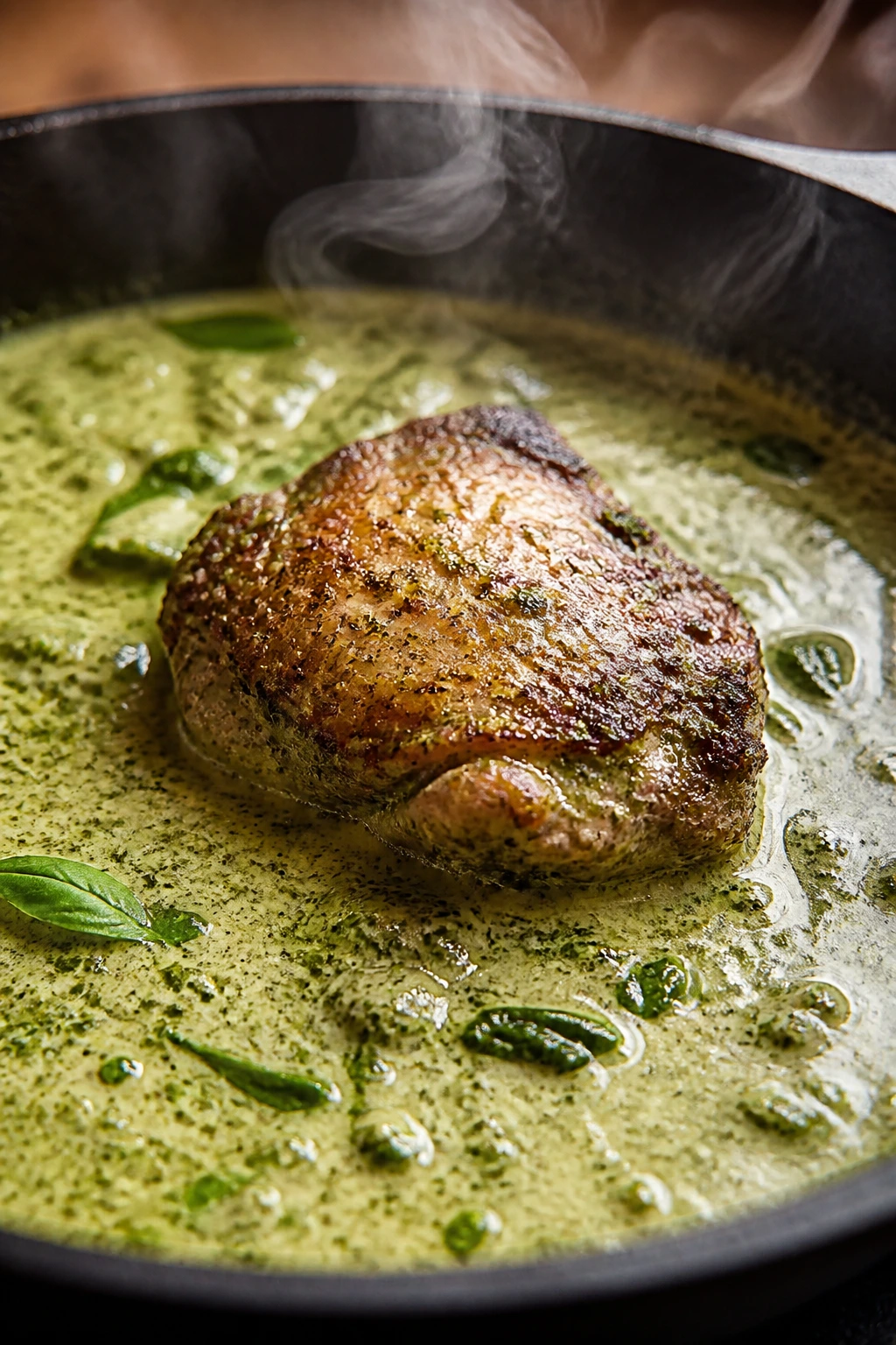 Close-up of a browned chicken thigh in a skillet with glossy pesto-cream sauce