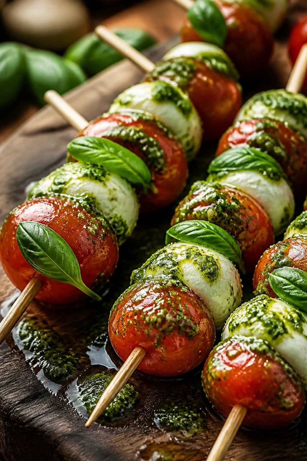 Pesto-dressed caprese skewers with tomatoes, mozzarella, and basil