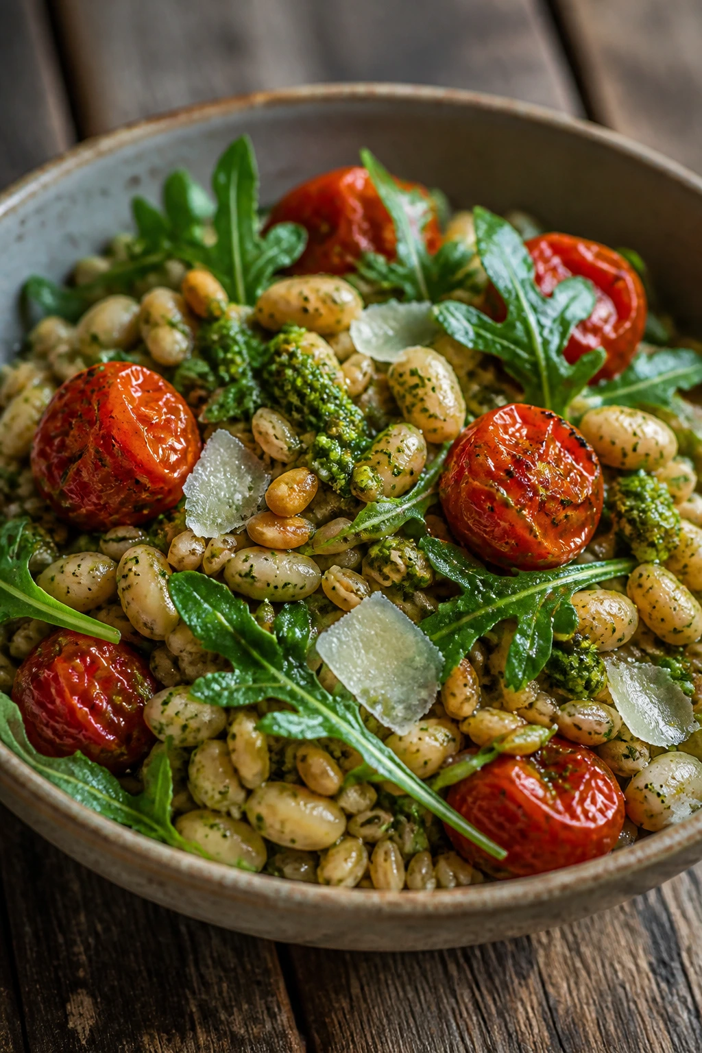 Close-up of Pesto White Bean Farro Bowl with farro, beans, tomatoes, arugula, parmesan on wood