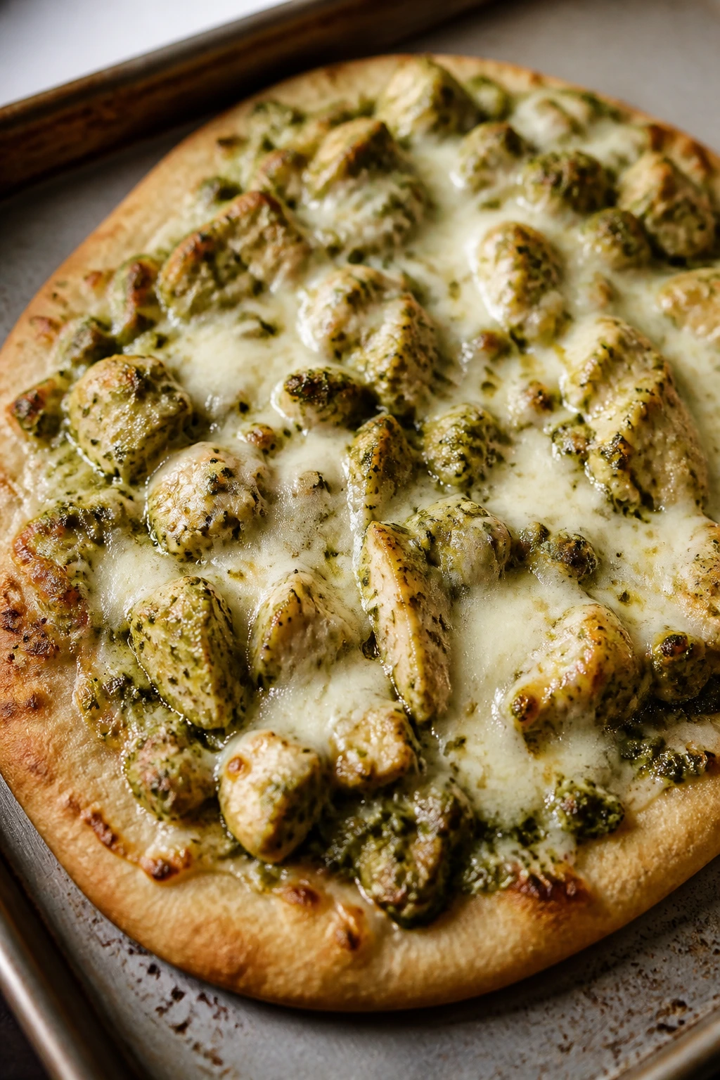 Flatbread topped with pesto chicken and mozzarella