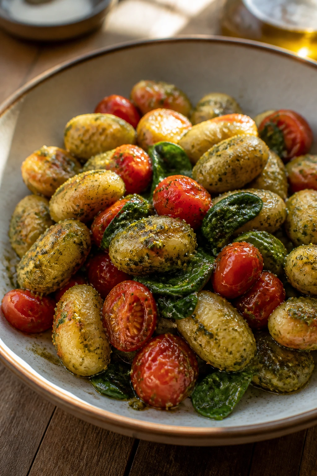 Gnocchi with pesto and cherry tomatoes on a rustic wooden table