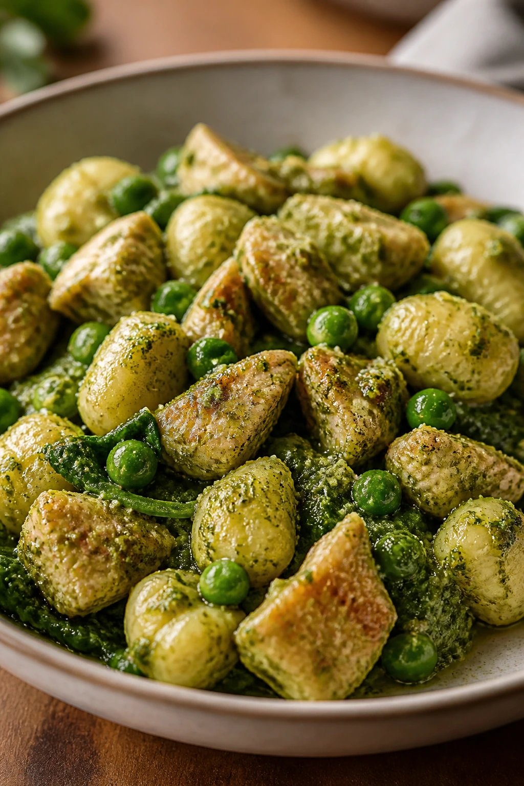 Pesto chicken gnocchi with peas in a green pesto sauce