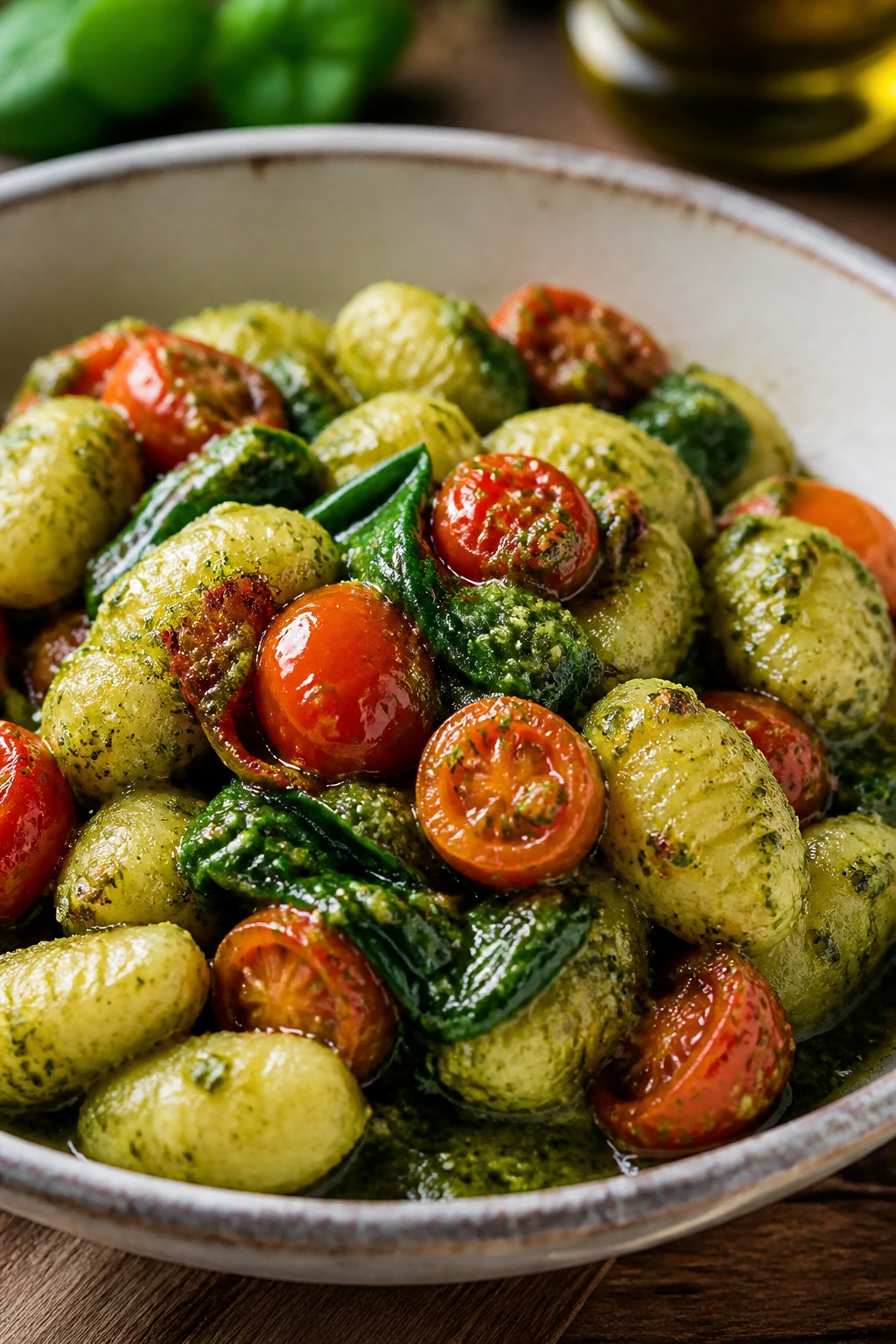 Gnocchi with pesto and blistered cherry tomatoes on plate