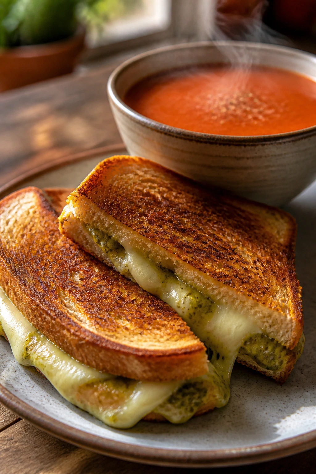 Grilled cheese with pesto and tomato soup on rustic table