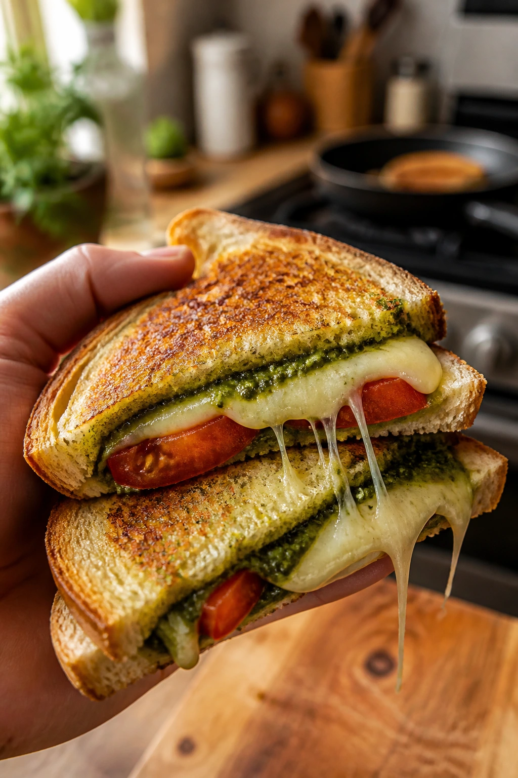 Melted pesto grilled cheese with tomato slices