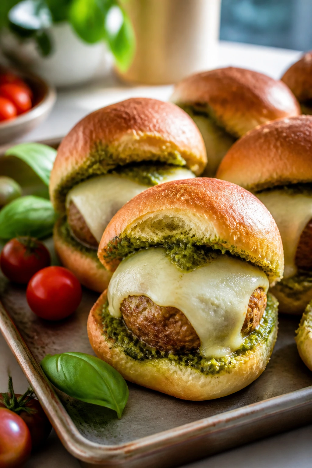 Close-up of pesto-provolone meatball sliders with melted cheese