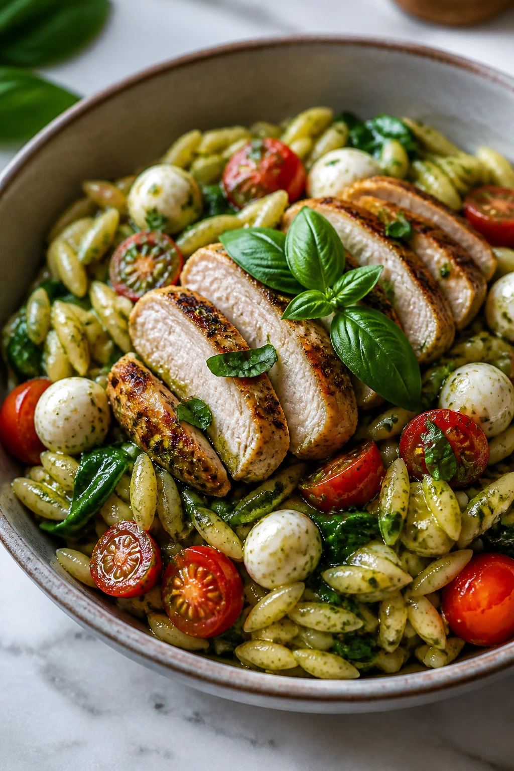 Chicken pesto orzo bowl with tomatoes and mozzarella on a kitchen counter