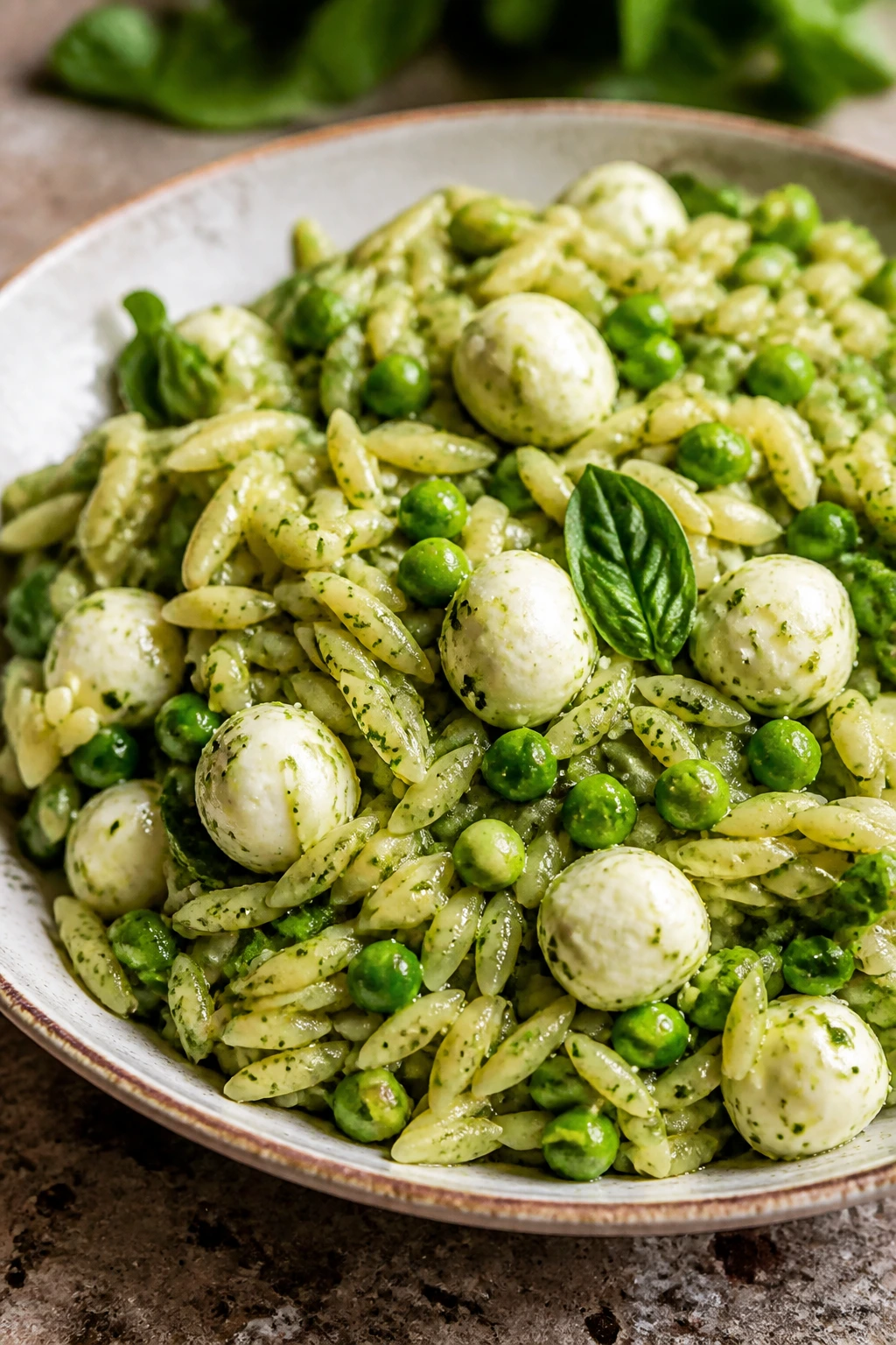 Close-up of Pesto Orzo Mozzarella Salad with peas.