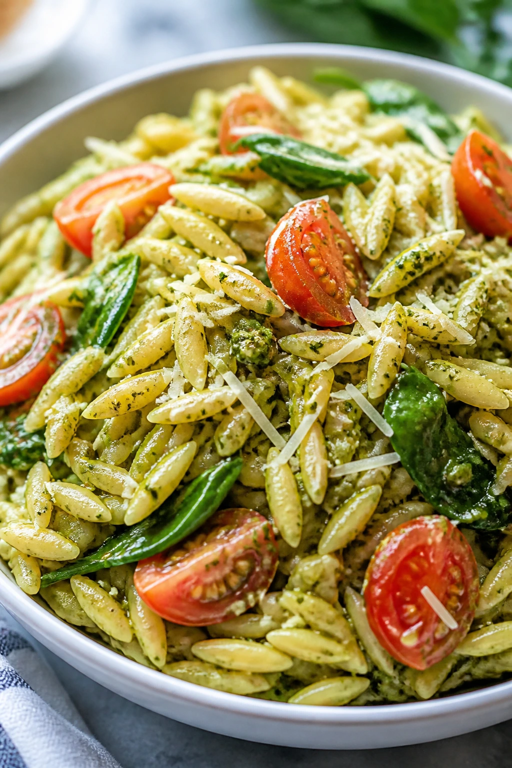 Bowl of pesto orzo salad with tomatoes and spinach in a bright kitchen