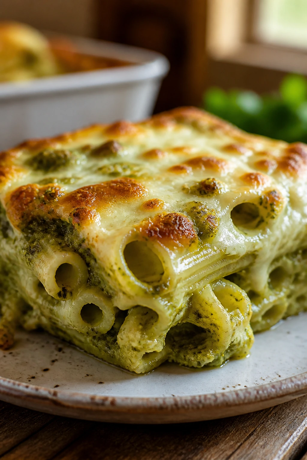 Close-up of plated pesto pasta bake slice with melted mozzarella