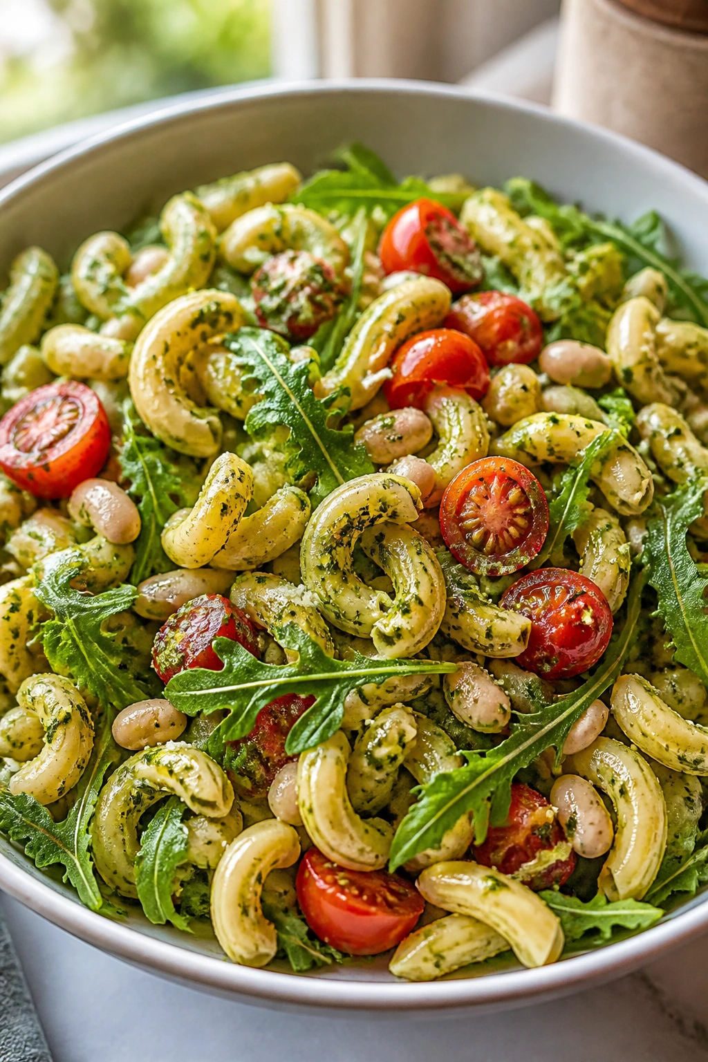 Close-up of Pesto White Bean Pasta Salad in a bowl