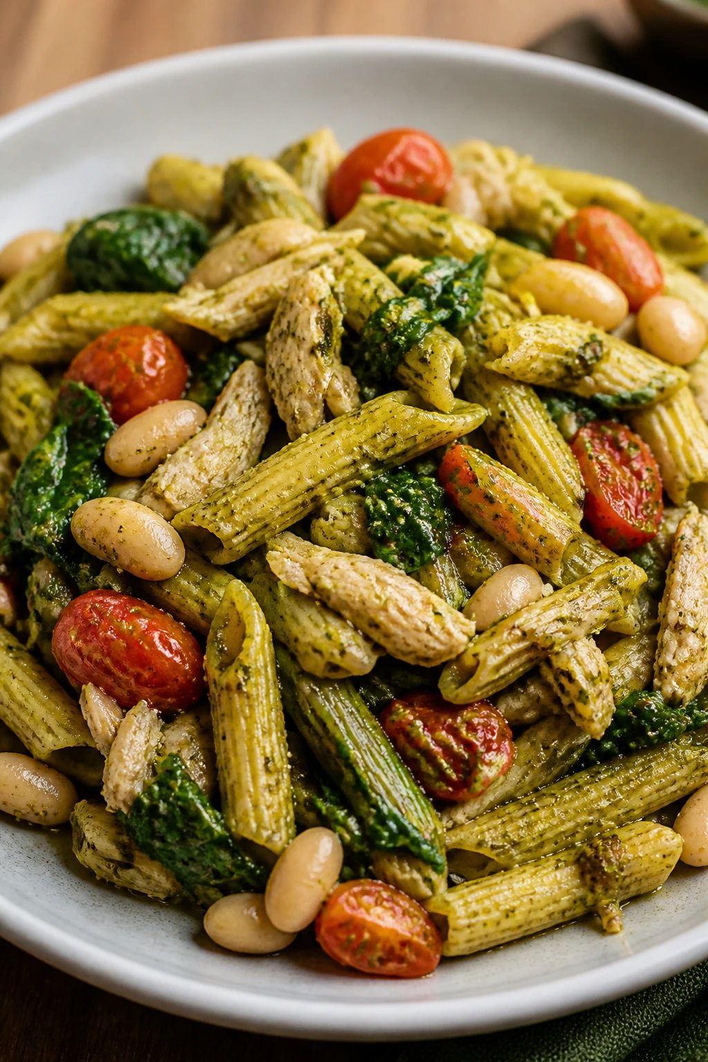 Close-up of chicken pesto pasta with white beans on a plate