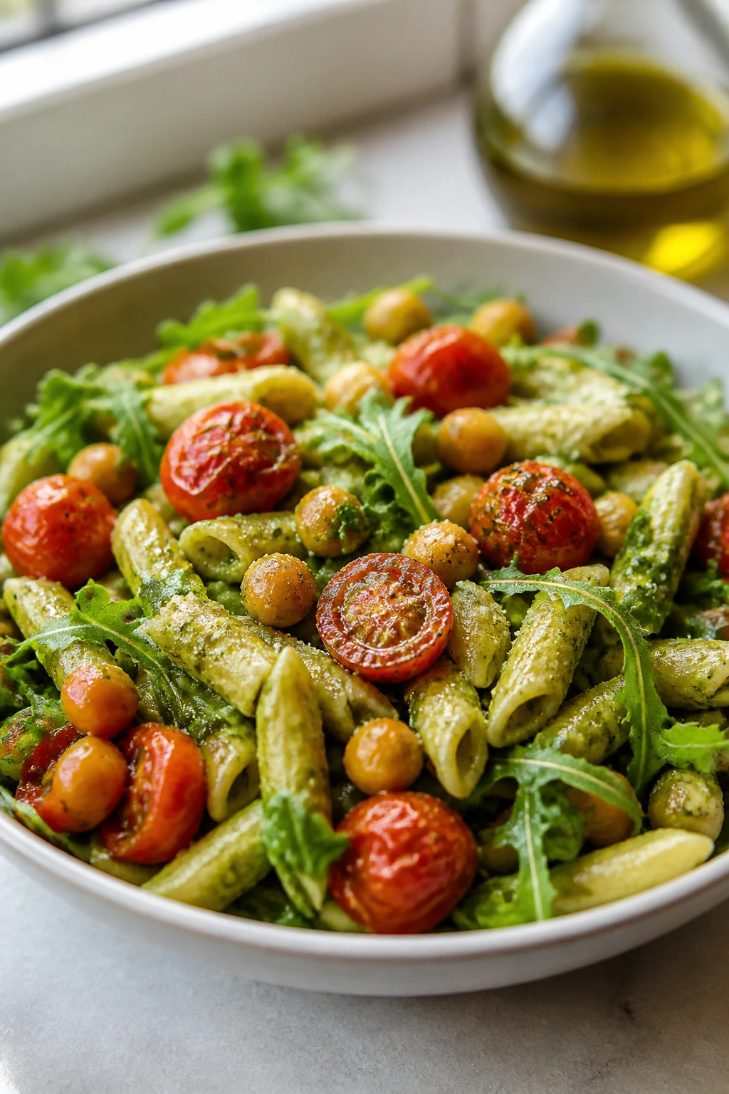 Pesto pasta with chickpeas and roasted tomatoes in a bowl