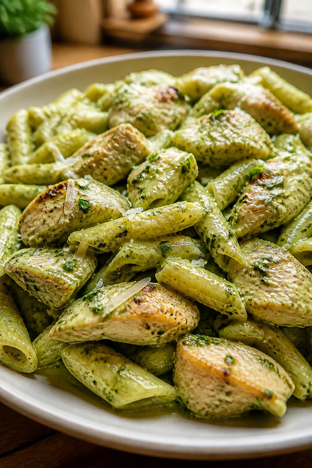Close-up plate of creamy pesto pasta with chicken in a warm kitchen